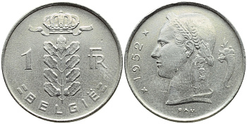 Бельгия 1 франк 1952 Belgie, Бодуэн I (1951-1993) KM 143.1 медно-никель 4390-1237