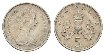 Великобритания 5 пенсов 1969 Елизавета II (1952-2022) KM 911, Spink 4233 (D1) медно-никель 4671-1155