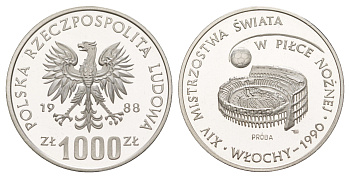 Польша 1000 злотых 1988 Чемпионат Мира по футболу 1990, PROBA, тираж 7.000 экзкемпляров Y Pr581 серебро PROOF 1083-3-11