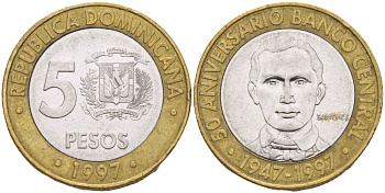 Доминиканская республика 5 песо 1997 50 лет центральному банку KM 88 биметалл 4541-1047