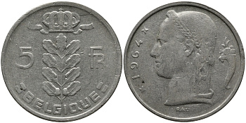 БЕЛЬГИЯ 5 ФРАНКОВ 1964 BELGIQUE KM 134.1 медно-никель 98-633