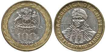 Чили 100 песо 2010 индейцы Мапуче KM 236 биметалл 4681-533