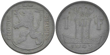 БЕЛЬГИЯ 1 ФРАНК 1943 BELGIQUE-BELGIE KM 127 цинк 212-933