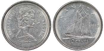 КАНАДА 10 ЦЕНТОВ 1989 KM 77.2 никель 45-424