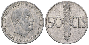 Испания 50 сентимо 1966 (69) Франсиско Франко (1939-1975) KM 795 алюминий 4621-441