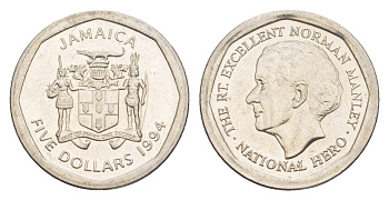 Ямайка 5 долларов 1994 KM 163 нержавеющая сталь UNC 4643-132