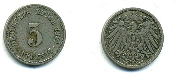 ГЕРМАНИЯ 5 ПФЕННИГОВ 1891 A, KM 11, J. 12 медно-никель 54-364