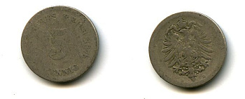 ГЕРМАНИЯ 5 ПФЕННИГОВ 1876 D, СТАРОГЕРБОВКА KM 3, J.3 медно-никель 56-551