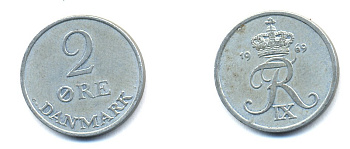 ДАНИЯ 2 ЭРЕ 1969 C; S, ФРЕДЕРИК IX (1947-1972) KM 840.2 цинк 51-4333