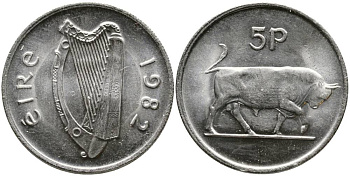 ИРЛАНДИЯ 5 ПЕНСОВ 1982 БЫК KM 22 медно-никель 4525-1133