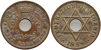 Нигерия 1 пенни 1959 Елизавета II (1952-), Британский протекторат KM 2 бронза 51-255