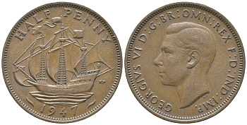 Великобритания 1/2 пенни 1947 Георг VI (1936-1952) KM 844, Spink 4115 бронза 34-225