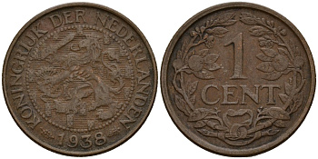 Нидерланды 1 цент 1938 Вильгельмина I (1890-1948) KM 152 бронза 4154-919