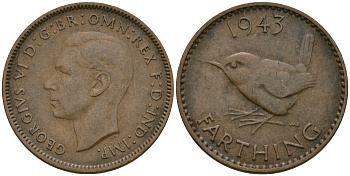 Великобритания 1 фартинг 1943 Георг VI (1936-1952) KM 843, Spink 4116 бронза 08-1412