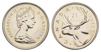 Канада 25 центов 1977 Елизавета II (1952-2022), олень KM 62b никель PROOF-LIKE (BU) 4631-926
