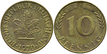 ФРГ 10 ПФЕННИГОВ 1970 J KM 108, J.383 сталь плакированная латунью 98-432