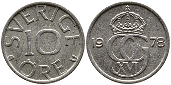 Швеция 10 эре 1978 U Карл XVI Густав (1973- ) KM 850 медно-никель 29-1156
