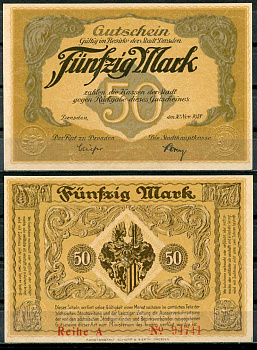 Германия, Дрезден 50 марок 1918 нотгельд, 30.11.1918, reihe A Geiger 108.06  бумага  UNC (пресс) 00-00
