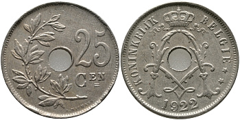 БЕЛЬГИЯ 25 САНТИМОВ 1922 BELGIE KM 69 медно-никель 93-534