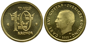 Швеция 10 крон 2002 B, Карл XVI Густав (1973- ) KM 895 медь алюминий цинк PROOFLIKE 41-846