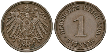 Германия 1 пфенниг 1893 E, Вильгельм II (1888-1918) KM 10, J. 10 медь 1524-541