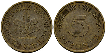 ФРГ 5 пфеннигов 1978 G J.382, KM 107 сталь плакированная латунью    4598-1018