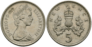 Великобритания 5 пенсов 1977 Елизавета II (1952-2022) KM 911, Spink 4233 (D1) медно-никель 4538-221