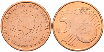 Нидерланды 5 евроцентов 2008 KM 236 сталь плакированная медью UNC 186-252