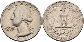 США 25 центов (квотер) 1965 Вашингтон KM 164a медь плакированная медно-никелем 4584-947