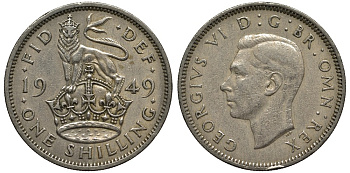Великобритания 1 шиллинг 1949 Георг VI (1936-1952), Английский герб KM 876, Spink 4108 медно-никель 186-852