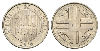 Колумбия 200 песо 2010 KM 287 медь цинк никель aUNC 4698-233