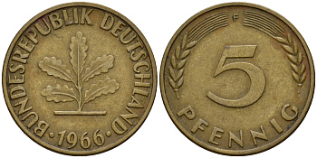 ФРГ 5 пфеннигов 1966 F J.382, KM 107 сталь плакированная латунью    4598-816