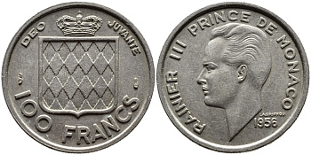 Монако 100 франков 1956 Ренье III (1949-2005) KM 134 медно-никель 4364-1555