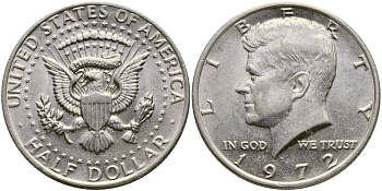 США 1/2 доллара (50 центов) 1972 Джон Кеннеди KM 202b медь плакированная медно-никелем 413-4425