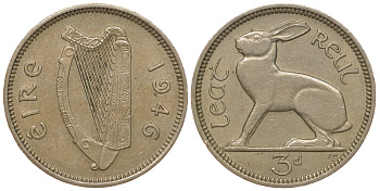 Ирландия 3 пенса 1946 заяц KM 12a медно-никель 3334-1143
