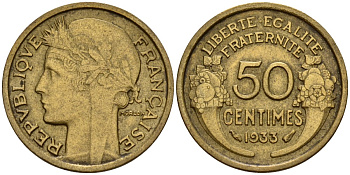 Франция 50 сантимов 1933 KM 894.1, Le Franc 192.15 алюминиевая бронза 4158-669
