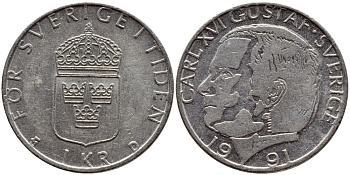 Швеция 1 крона 1991 Карл XVI Густав (1973- ) KM 852a медно-никель 4388-841