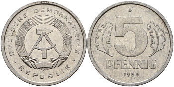 ГДР 5 пфеннигов 1983 A KM 9.2 алюминий 218-1255