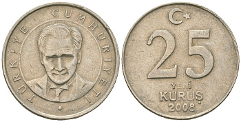 Турция 25 новых курушей 2008 редкий год KM 1167 медь цинк никель 4610-617