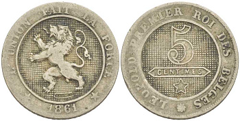 БЕЛЬГИЯ 5 САНТИМОВ 1861 BELGES KM 21 медно-никель 211-655