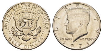 США 1/2 доллара (50 центов) 1971 D, Джон Кеннеди KM 202b медь плакированная медно-никелем aUNC 215-1244