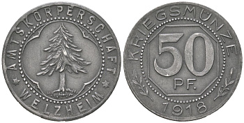 Вельцхайм (Вюртемберг) 50 пфеннигов 1918 Funck 593.3, Men05 26523.3, Men18 33344.3 железо aUNC 4591-413