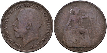 Великобритания 1 пенни 1916 Георг V (1910-1936) КМ 810, Spink 4051 бронза 4593-145