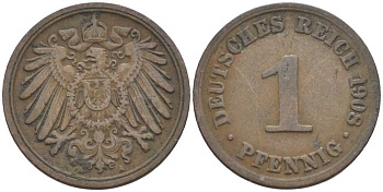 ГЕРМАНИЯ 1 ПФЕННИНГ 1908 А KM 10, J. 10 медь 201-929