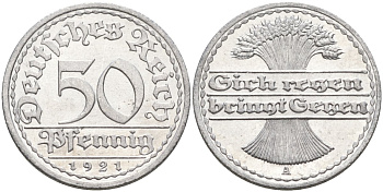 Германия 50 пфеннигов 1921 A KM 27, J.301, Weege 10 алюминий UNC 4584-826