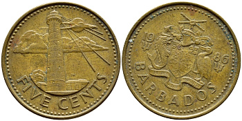 Барбадос 5 центов 1986 маяк Саут-Пойнт KM 11 латунь 4398-536