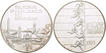 Финляндия 10 марок 1971 S-H, X Чемпионат Европы по легкой атлетике KM 52 серебро UNC 1515-1334