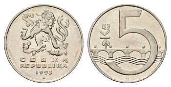 Чехия 5 крон 1993 чешский лев, Карлов мост KM 8 сталь плакированная никелем 190-1245