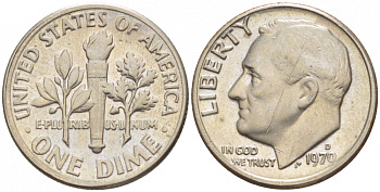США 10 ЦЕНТОВ = 1 ДАЙМ 1970 D, РУЗВЕЛЬТ KM 195а медь плакированная медно-никелем 4547-942
