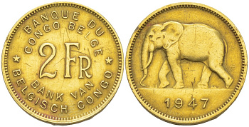Бельгийское Конго 2 франка 1947 слон KM 28 латунь 4541-1044